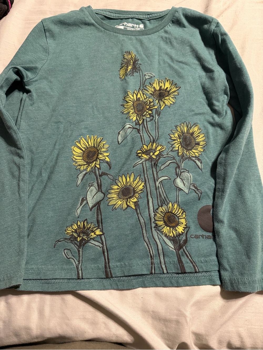 Carhartt Teal Green Long-Sleeve Top with Yellow Sunflower Graphic